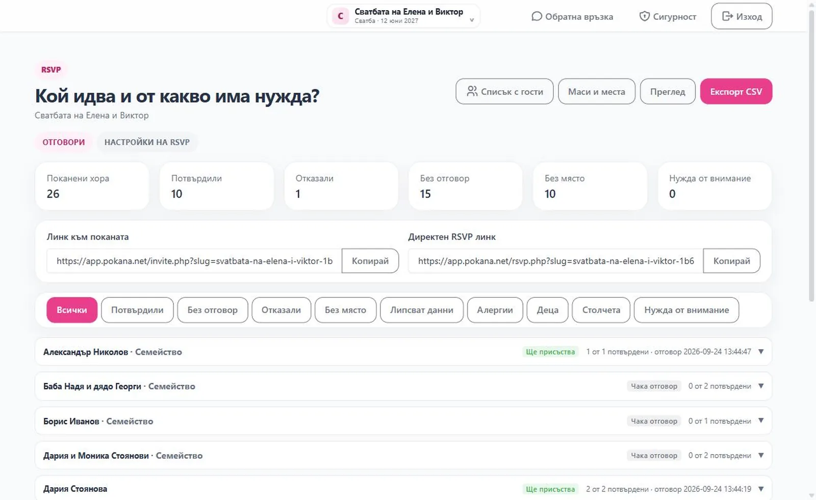 RSVP отговорите в Pokana: поканени, потвърдили, отказали, без отговор, деца и нужда от внимание